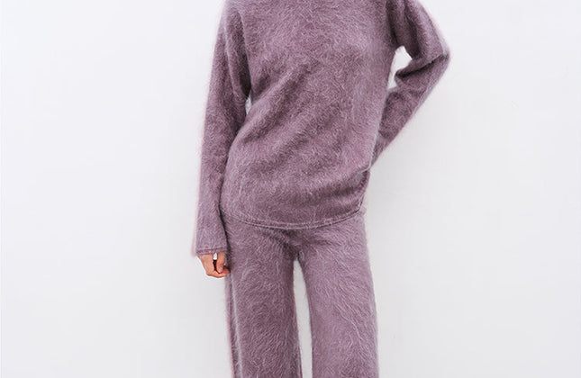Ensemble pull col rond et pantalon en maille droite 100 % cachemire | Brossé à la main