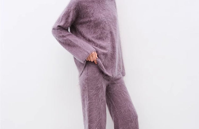 Ensemble pull col rond et pantalon en maille droite 100 % cachemire | Brossé à la main