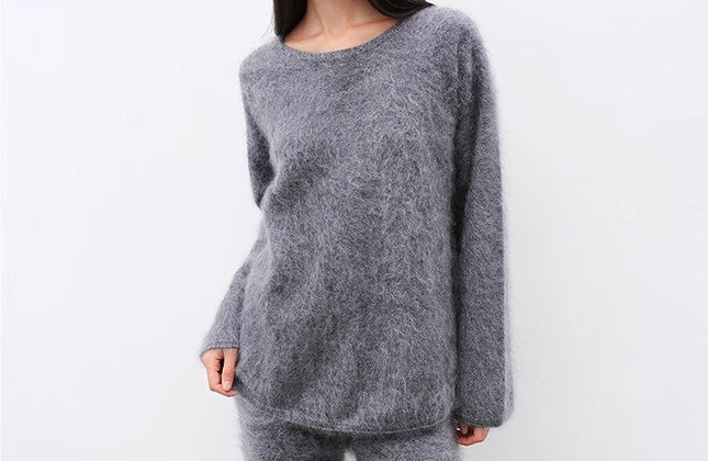 Ensemble pull col rond et pantalon en maille droite 100 % cachemire | Brossé à la main