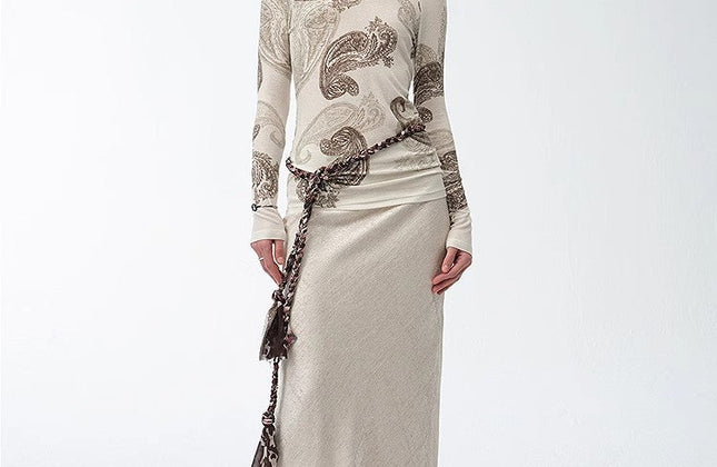 Cashew Flower Long-Sleeve Top & Skirt Set