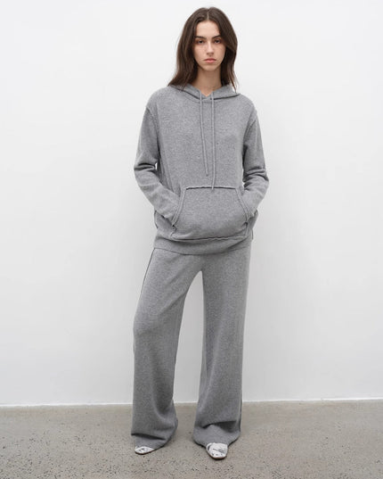 Women's Lambswool Knit Hoodie & Straight-Leg Pants Set — Premium Matching Set