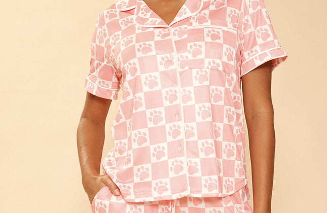 Ensemble de pyjama 2 pièces à imprimé fantaisie | Chemise boutonnée et short à taille élastique
