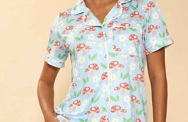 Ensemble de pyjama 2 pièces à imprimé fantaisie | Chemise boutonnée et short à taille élastique
