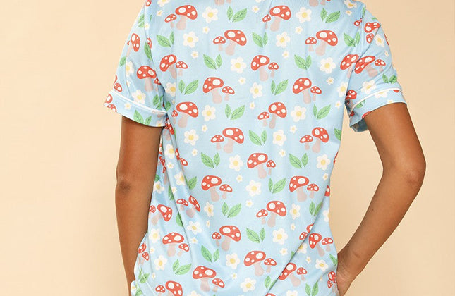 Ensemble de pyjama 2 pièces à imprimé fantaisie | Chemise boutonnée et short à taille élastique