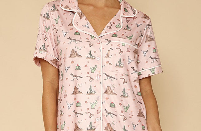 Ensemble de pyjama 2 pièces à imprimé fantaisie | Chemise boutonnée et short à taille élastique