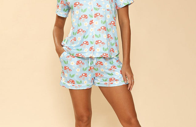 Ensemble de pyjama 2 pièces à imprimé fantaisie | Chemise boutonnée et short à taille élastique