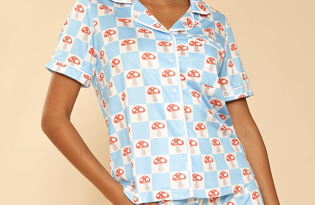 Ensemble de pyjama 2 pièces à imprimé fantaisie | Chemise boutonnée et short à taille élastique