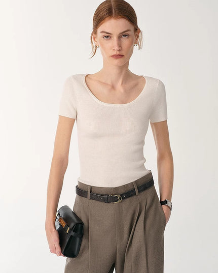 Women's LINDIS Wool & Mulberry Silk Round Neck T-Shirt — Luxury Slim Fit