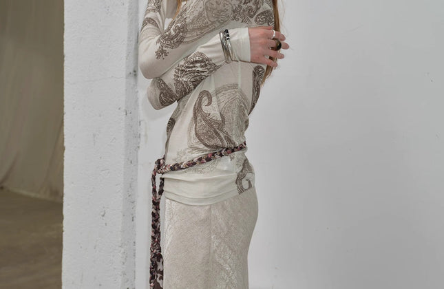 Cashew Flower Long-Sleeve Top & Skirt Set