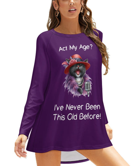 Women's Cat-Themed 'Act My Age' Long Sleeve Crew Neck Shirt