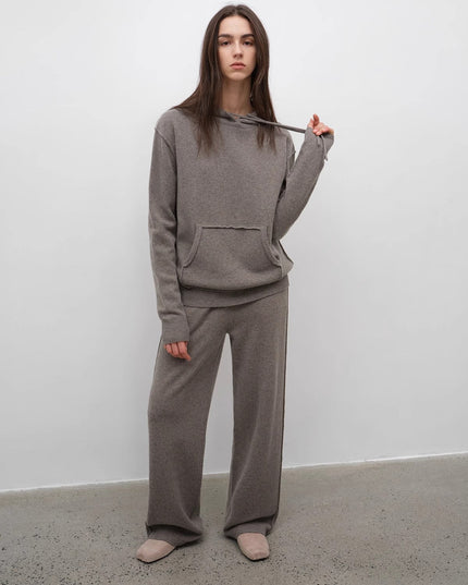 Women's Lambswool Knit Hoodie & Straight-Leg Pants Set — Premium Matching Set