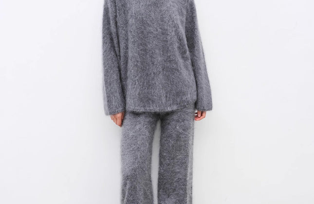 Ensemble pull col rond et pantalon en maille droite 100 % cachemire | Brossé à la main