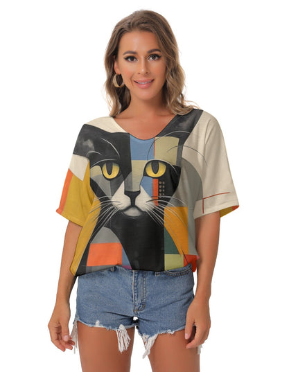 Women's Cat-Themed Bat Sleeve V-Neck Blouse