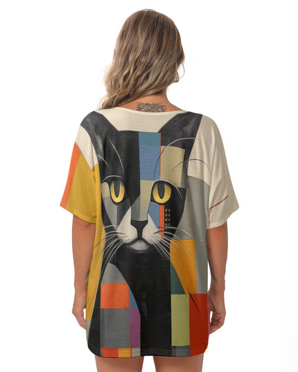 Women's Cat-Themed Bat Sleeve V-Neck Blouse
