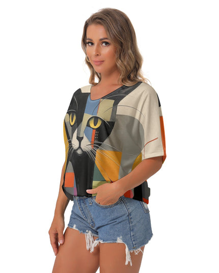 Women's Cat-Themed Bat Sleeve V-Neck Blouse