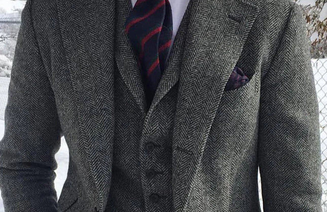 Gray Wool Tweed Winter Men Suit's for Wedding Formal Groom Tuxedo Herringbone