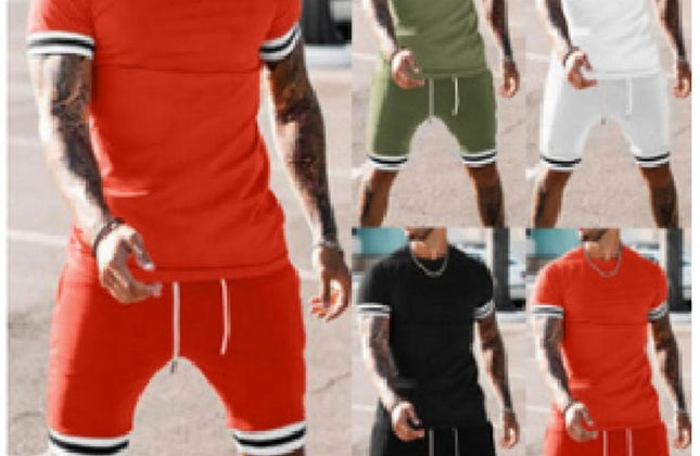 Hot Selling Short Sleeve Shirt and Shorts Set Men O - Neck Patchwork