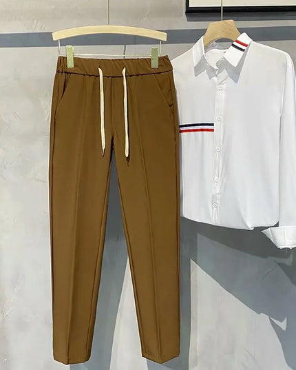Khaki Drawstring Elastic Waist Men's Suit Pants Business Casual Fashion Drape