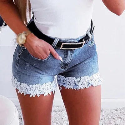 Women Slim Denim Shorts Stretch Lace Stitching Jeans Shorts Ladies
