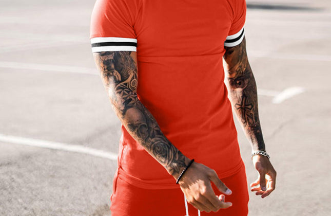Hot Selling Short Sleeve Shirt and Shorts Set Men O - Neck Patchwork