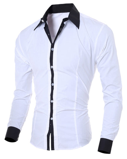 Men White Shirt Patchwork Social Dress Shirt Autumn Spring Solid Long Sleeve