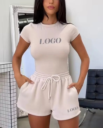 2025 Manufacturer Women Biker Shorts Set Sportswear Custom Short Sleeve Ribbed