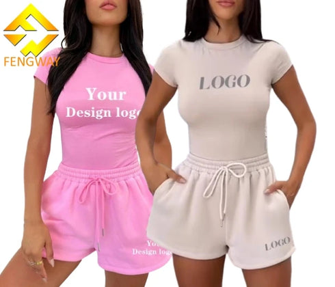 2025 Manufacturer Women Biker Shorts Set Sportswear Custom Short Sleeve Ribbed