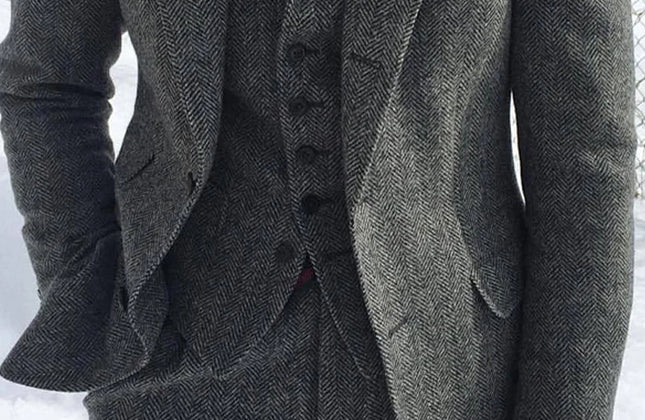 Gray Wool Tweed Winter Men Suit's for Wedding Formal Groom Tuxedo Herringbone
