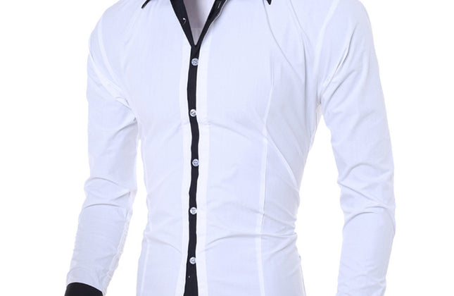 Men White Shirt Patchwork Social Dress Shirt Autumn Spring Solid Long Sleeve