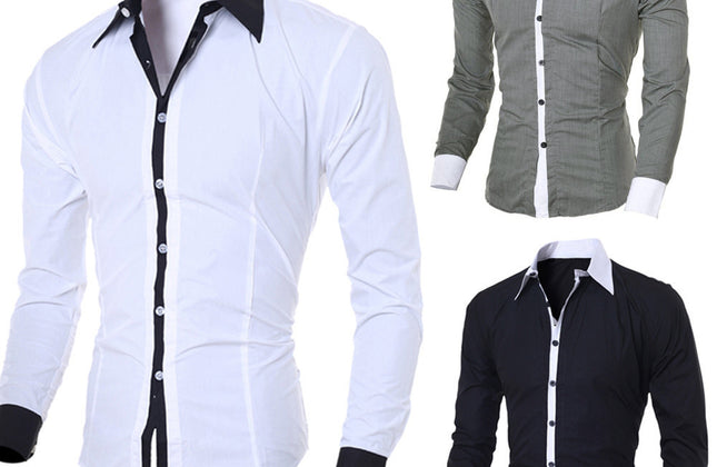 Men White Shirt Patchwork Social Dress Shirt Autumn Spring Solid Long Sleeve