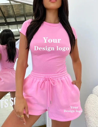 2025 Manufacturer Women Biker Shorts Set Sportswear Custom Short Sleeve Ribbed