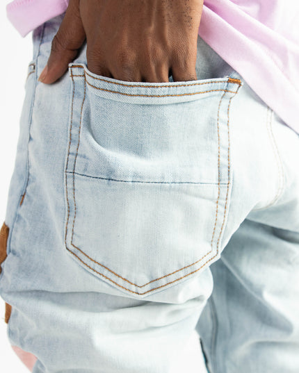 High Quality Street Jean Light Blue Begger Patch Ripped Mens Slim Fit Causal men