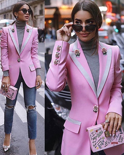 A4564 Elegant Pink Long Sleeve Single Button Slim Winter Wear Women Coat 2021