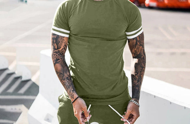 Hot Selling Short Sleeve Shirt and Shorts Set Men O - Neck Patchwork