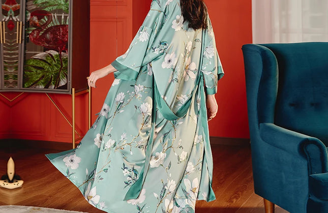 Long Satin Robe Women Long Sleeve Printed Robe Dress Luxury Women Designer Robes
