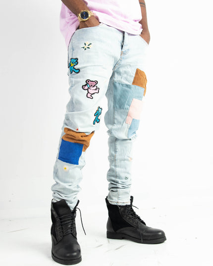 High Quality Street Jean Light Blue Begger Patch Ripped Mens Slim Fit Causal men