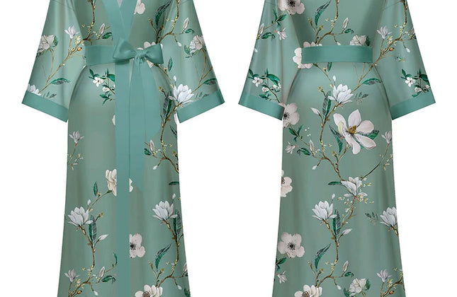 Long Satin Robe Women Long Sleeve Printed Robe Dress Luxury Women Designer Robes