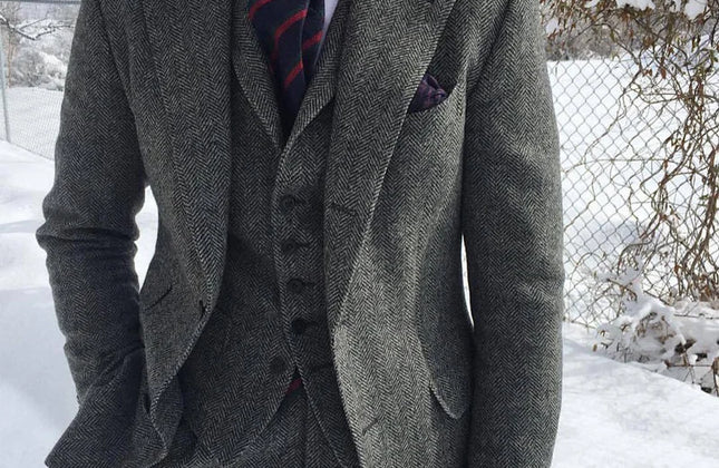 Gray Wool Tweed Winter Men Suit's for Wedding Formal Groom Tuxedo Herringbone