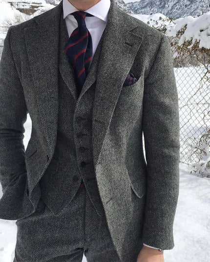 Gray Wool Tweed Winter Men Suit's for Wedding Formal Groom Tuxedo Herringbone