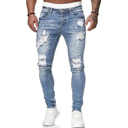 Ripped Jeans Men Skinny Slim Fit Blue Hip Hop Denim Trouser