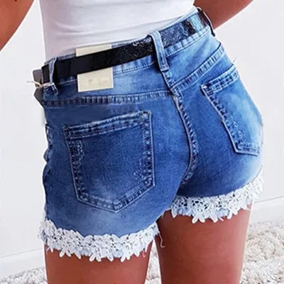 Women Slim Denim Shorts Stretch Lace Stitching Jeans Shorts Ladies