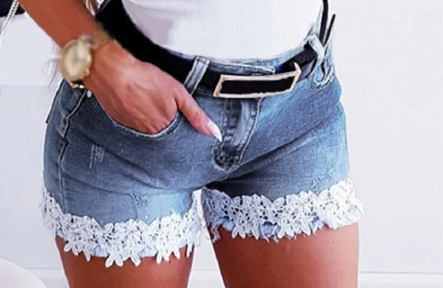 Women Slim Denim Shorts Stretch Lace Stitching Jeans Shorts Ladies