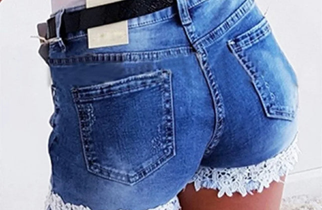 Women Slim Denim Shorts Stretch Lace Stitching Jeans Shorts Ladies