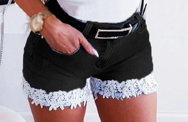 Women Slim Denim Shorts Stretch Lace Stitching Jeans Shorts Ladies