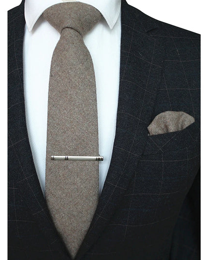 KAMBERFT Solid Color Cashmere Wool Necktie and Pocket Square Tie Clip Sets
