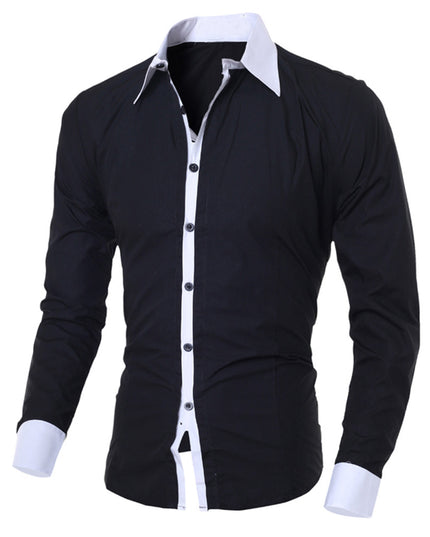 Men White Shirt Patchwork Social Dress Shirt Autumn Spring Solid Long Sleeve