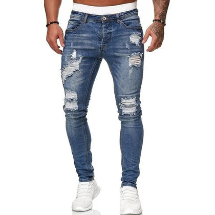 Ripped Jeans Men Skinny Slim Fit Blue Hip Hop Denim Trouser