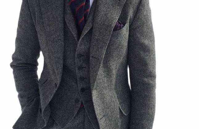 Gray Wool Tweed Winter Custom Men Suits Italian for Wedding Formal Groom