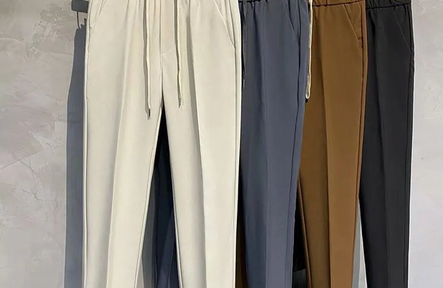 Khaki Drawstring Elastic Waist Men's Suit Pants Business Casual Fashion Drape