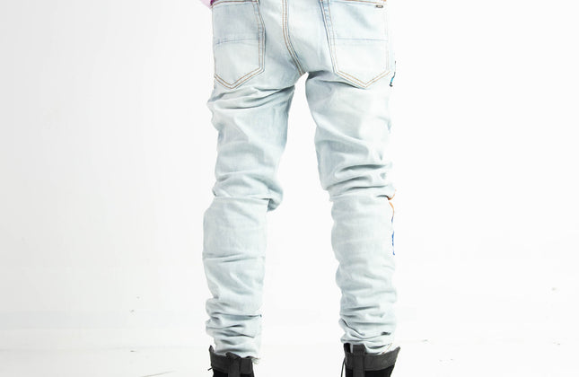 High Quality Street Jean Light Blue Begger Patch Ripped Mens Slim Fit Causal men